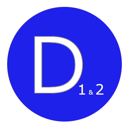 blue circle with the white letter D and numbers 1 and 2 inside